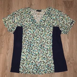 Navy, teal and lime green scrub top